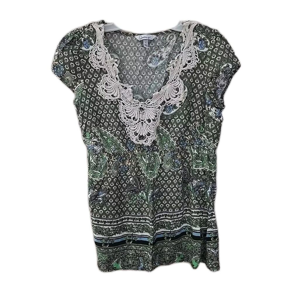 Speechless Green Paisley V-Neck Crochet Short Sleeve Boho Top Womans‎ Size Large